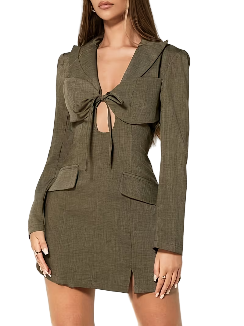 Damska mini sukienka z długim rękawem i wiązaniem z przodu