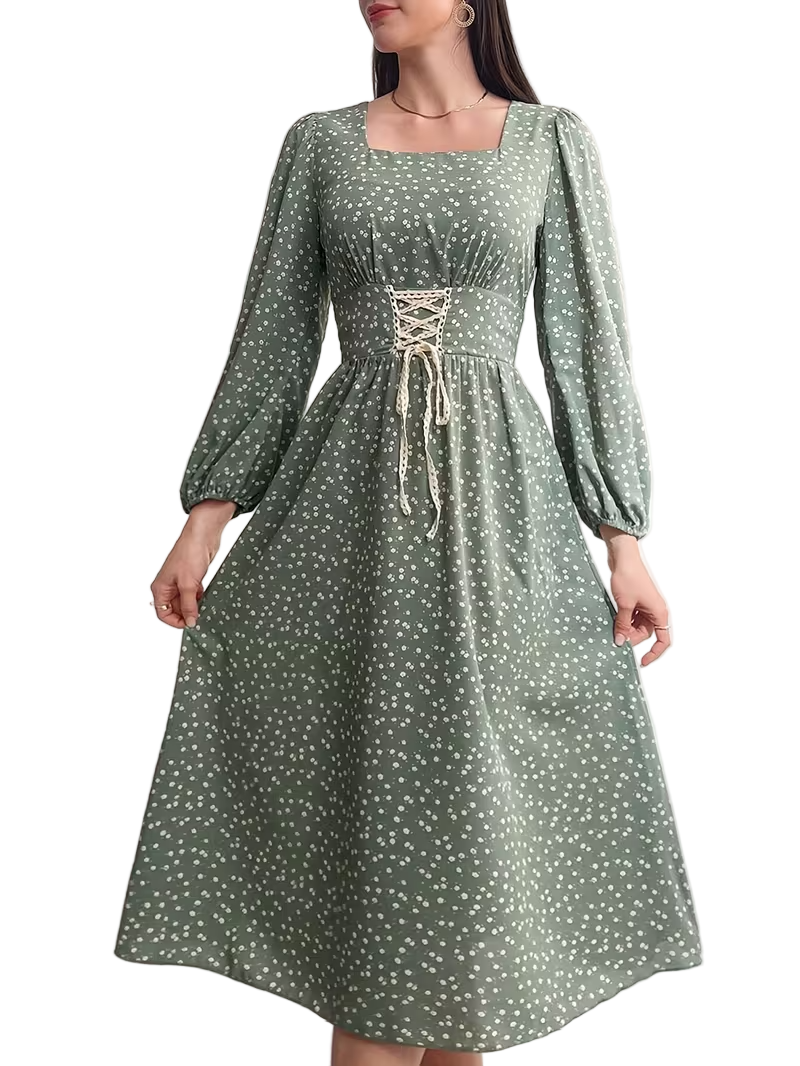 Damska sukienka midi z długim rękawem i sznurowaniem