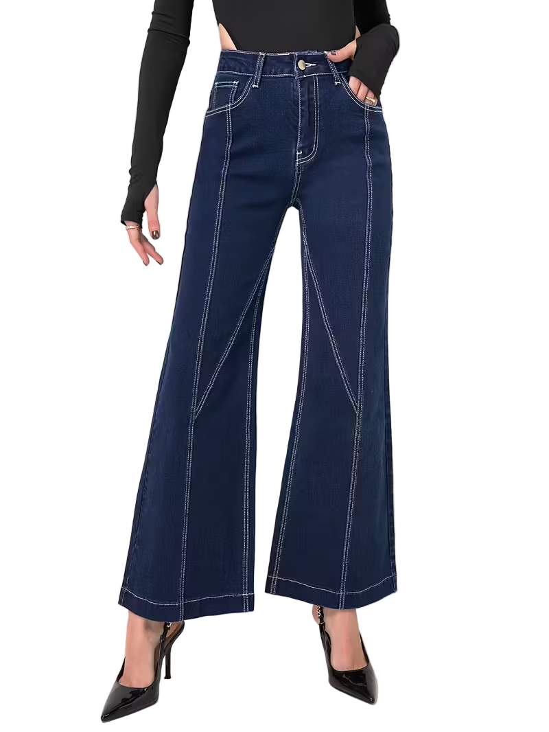 Jeansy damskie z szerokimi nogawkami i kontrastowymi przeszyciami